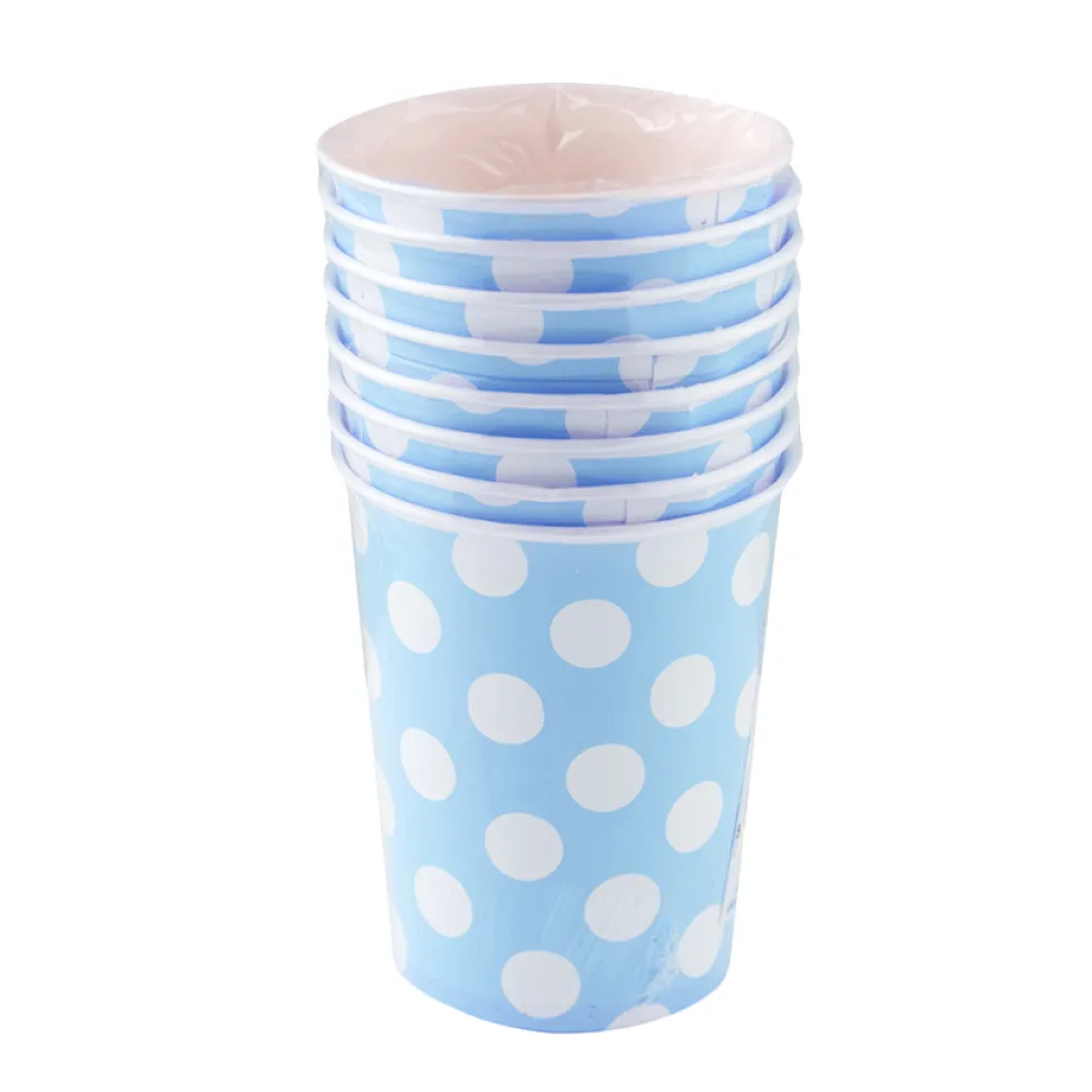 Juego de 8 vasos azules con lunares blancos