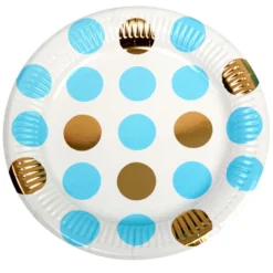 Platos Blancos con Lunares Azules y Dorados