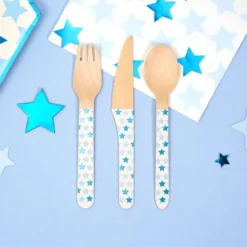 Set 24 Cubiertos de Madera Estrellas Azules