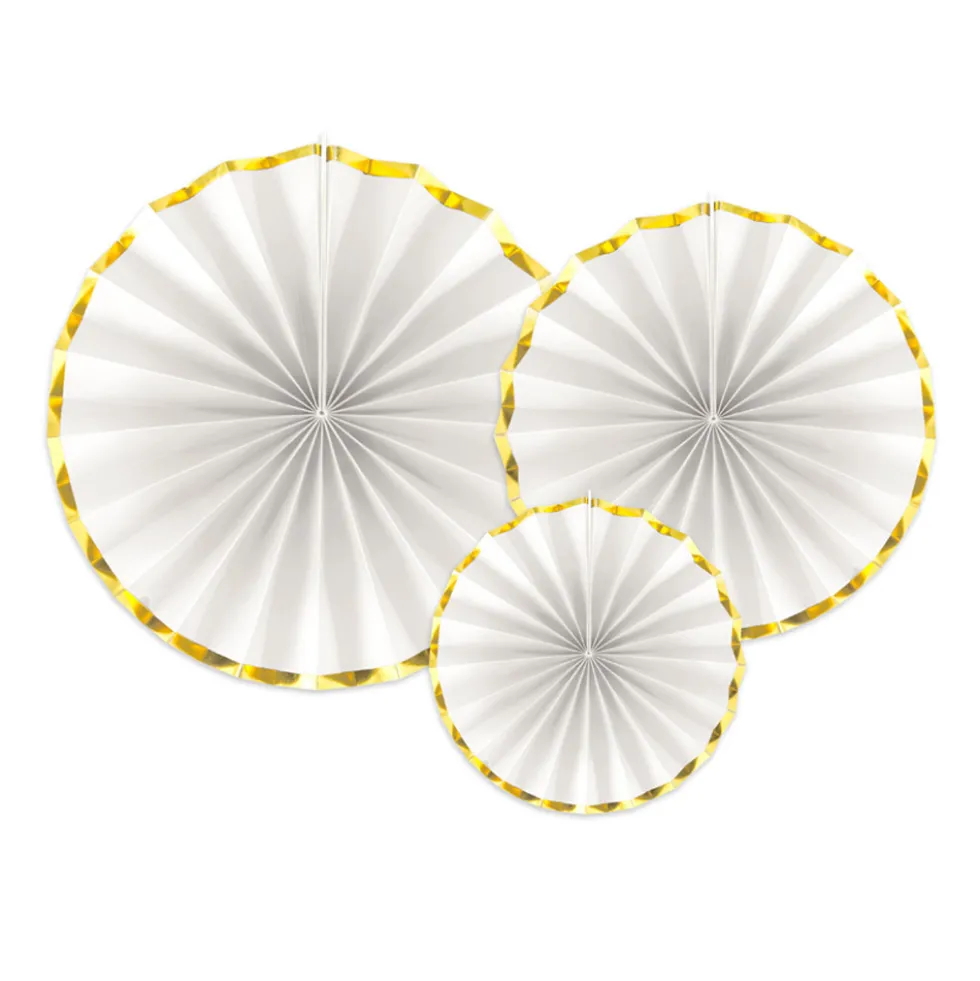 Set de 3 Abanicos Blancos y Dorados