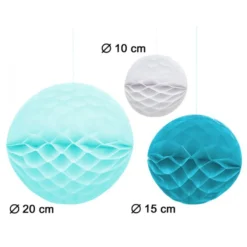 Set de 3 Pompones Nido de Abeja Blanco y Azul